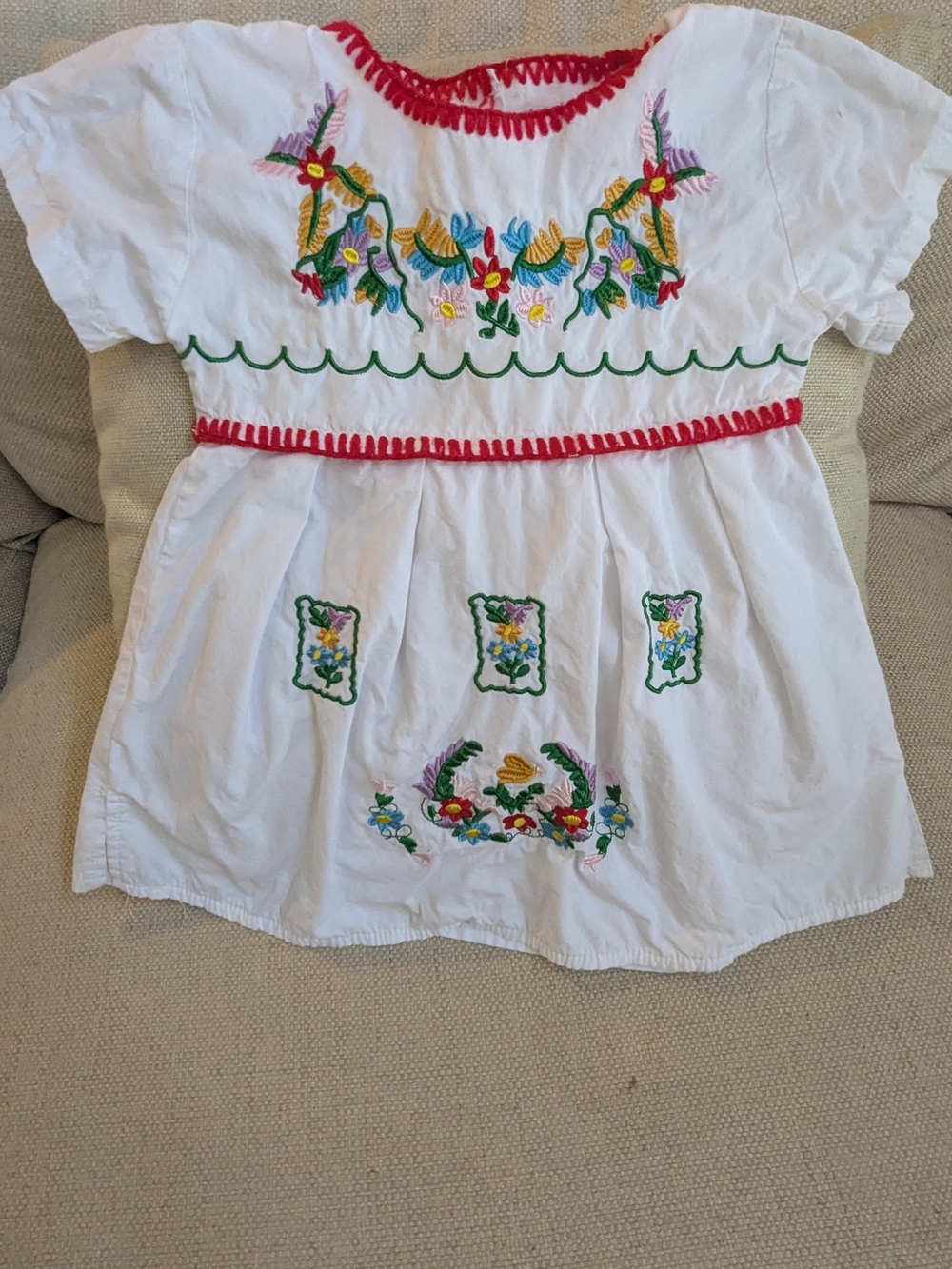White Embroidered Mexican Floral Kids Dress - Red Trim